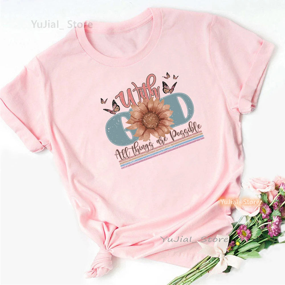 With God All Things Are Possible Graphic Print Pink T Shirt