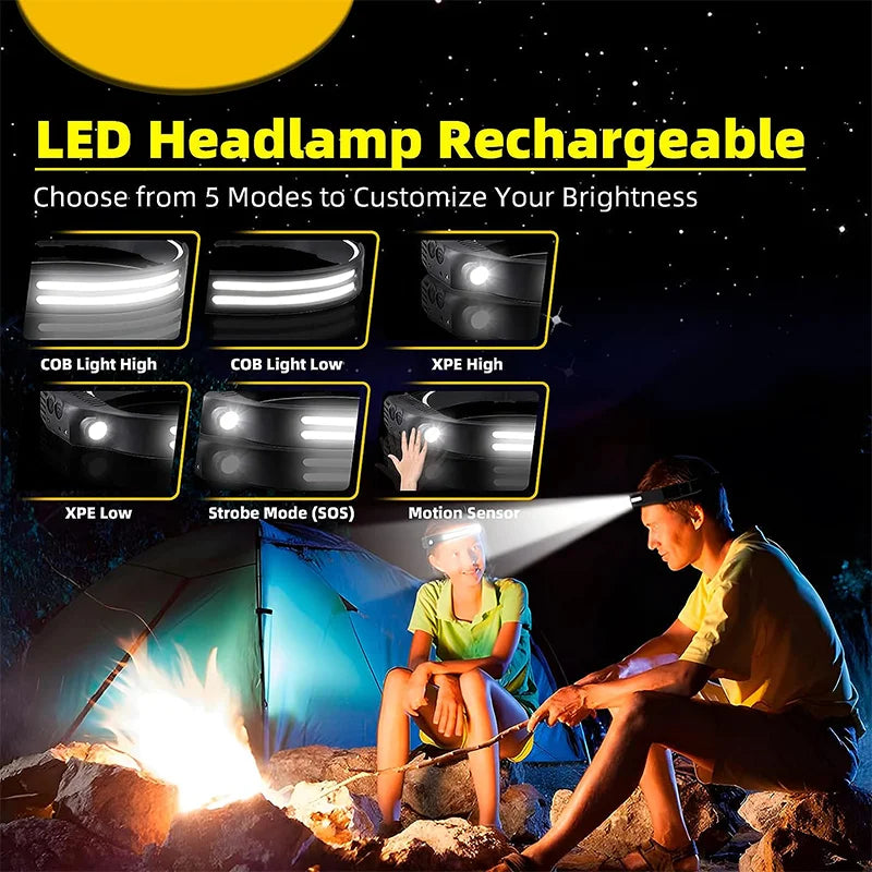 LED Sensor Headlight Waterproof Camping Search Light USB Rechargeable Head Torch COB Brightbeam Lamp Powerful Induction Headlamp