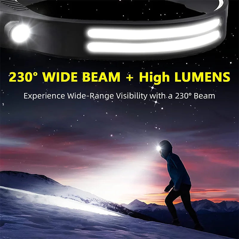 LED Sensor Headlight Waterproof Camping Search Light USB Rechargeable Head Torch COB Brightbeam Lamp Powerful Induction Headlamp