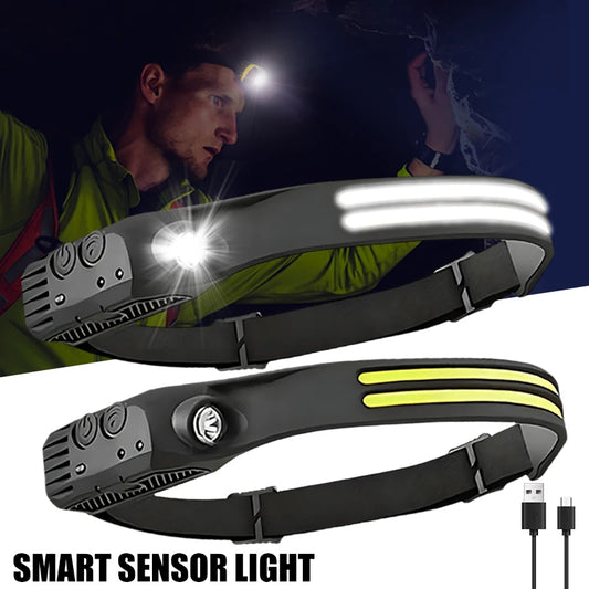 LED Sensor Headlight Waterproof Camping Search Light USB Rechargeable Head Torch COB Brightbeam Lamp Powerful Induction Headlamp